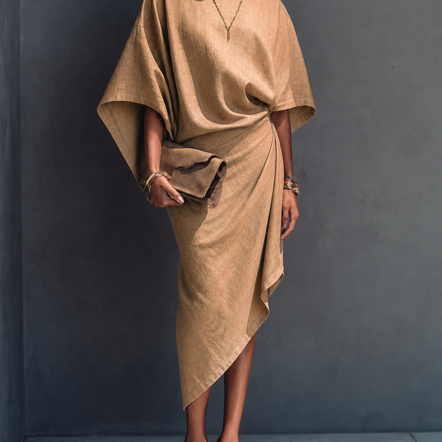 Khaki Draped Asymmetrical Short-sleeved Midi Dress