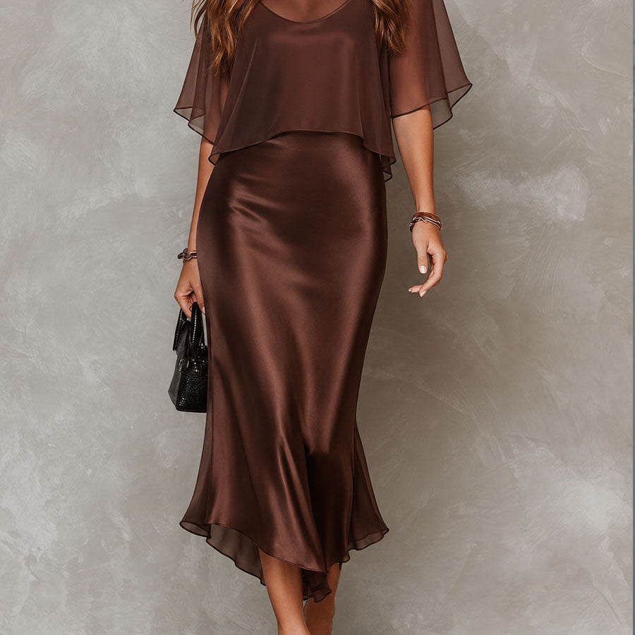 Brown Chiffon Blouse And Satin Midi Dress Two-piece Set