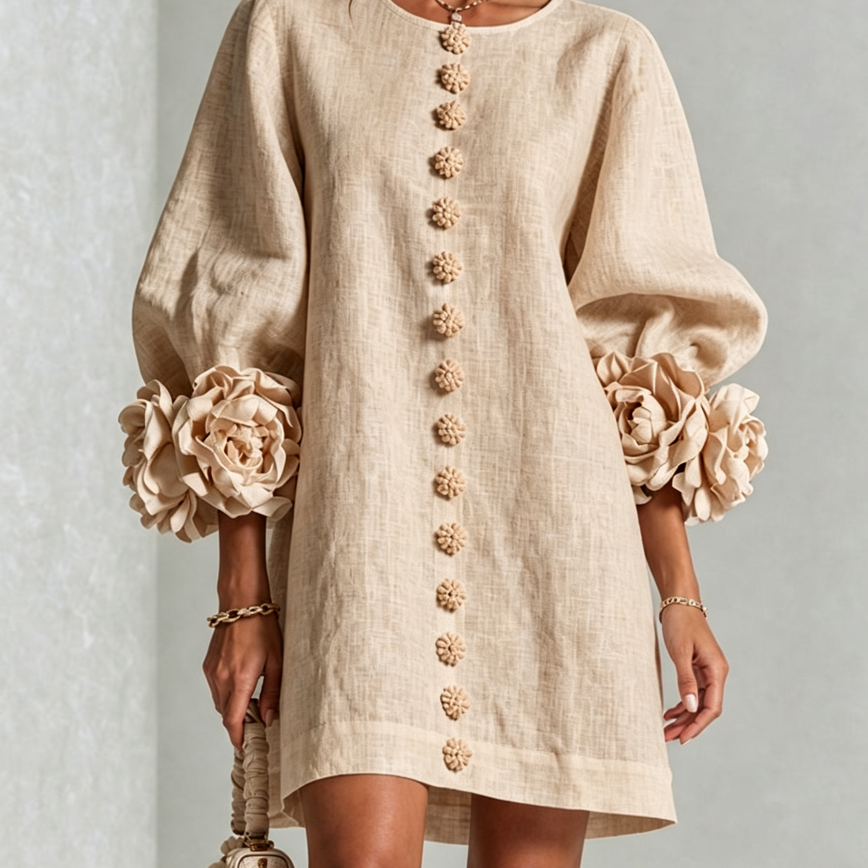 White Floral Button-down Mini Dress With Striking Floral Cuffs
