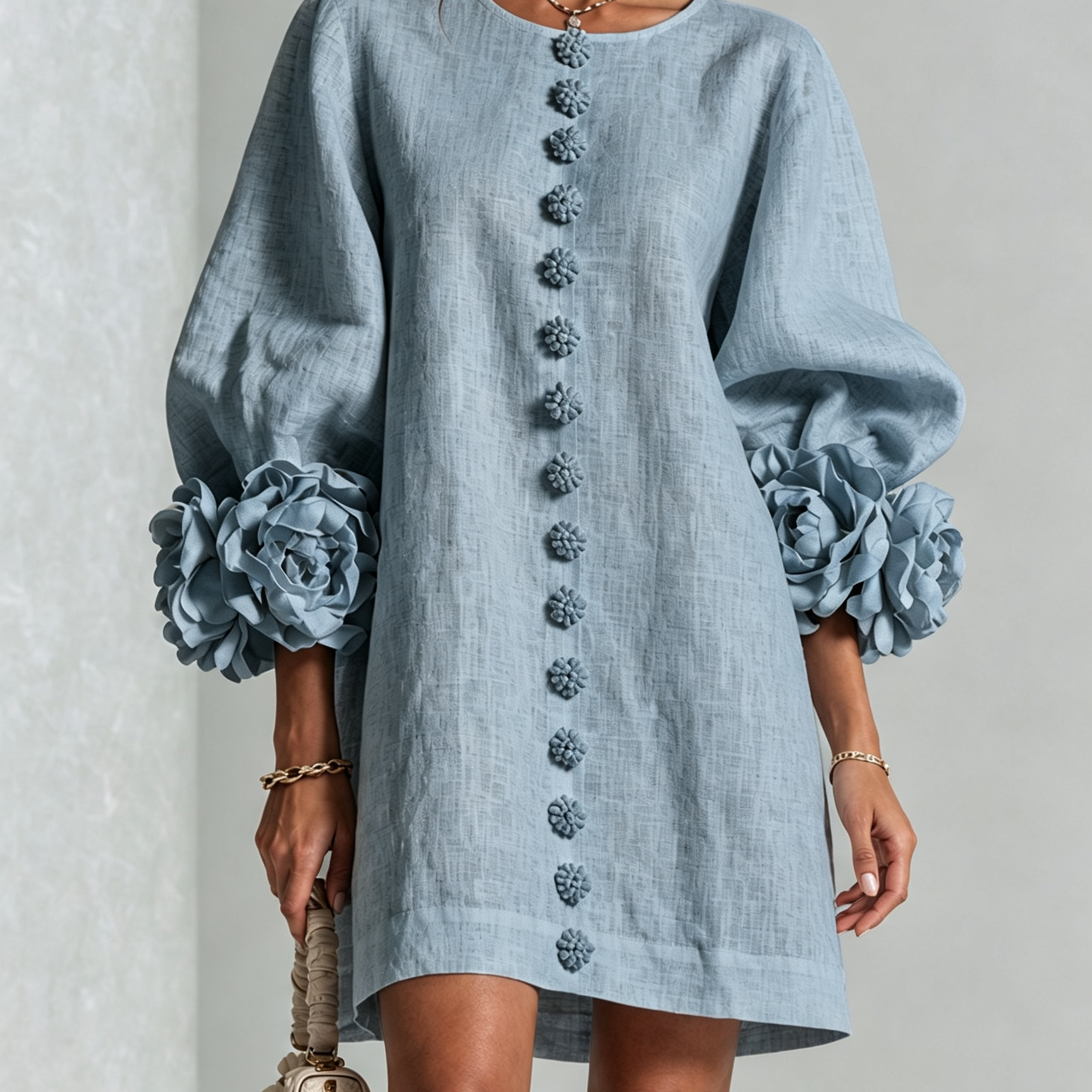 White Floral Button-down Mini Dress With Striking Floral Cuffs