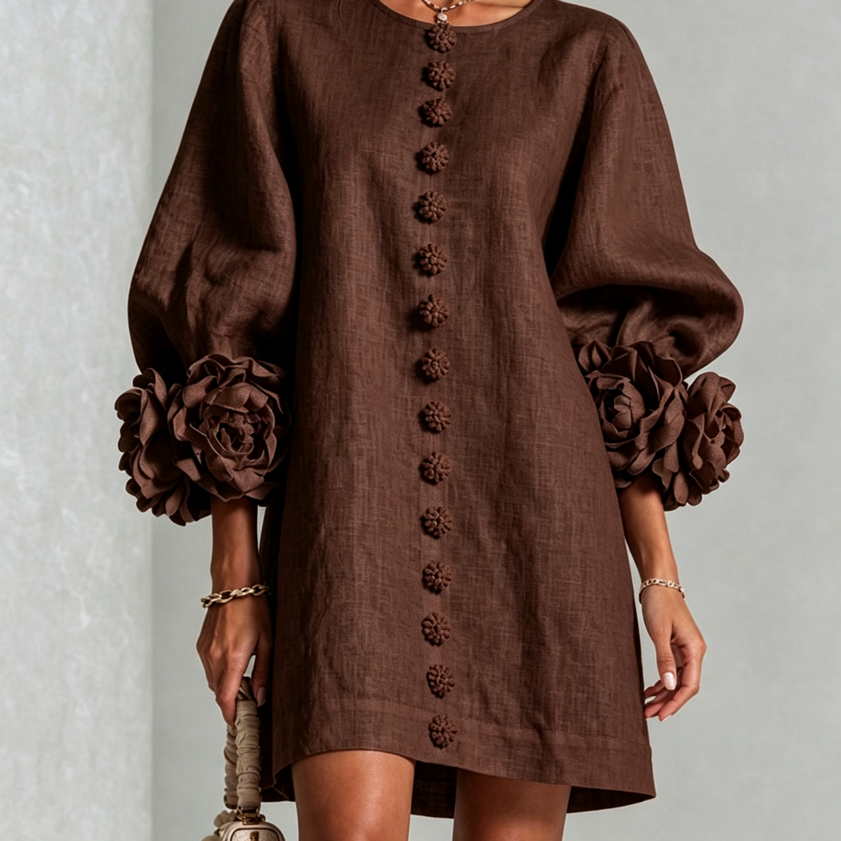 White Floral Button-down Mini Dress With Striking Floral Cuffs