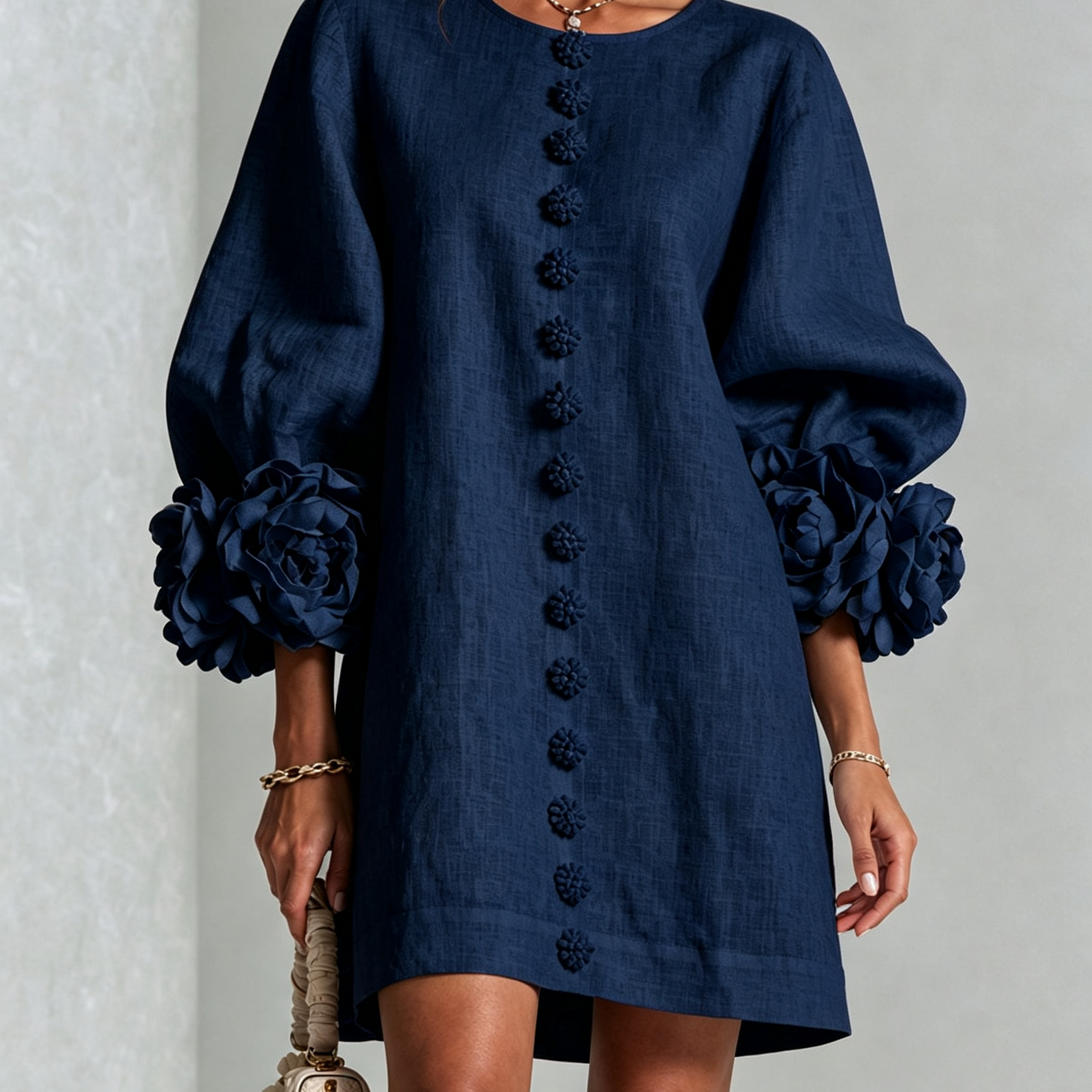 White Floral Button-down Mini Dress With Striking Floral Cuffs