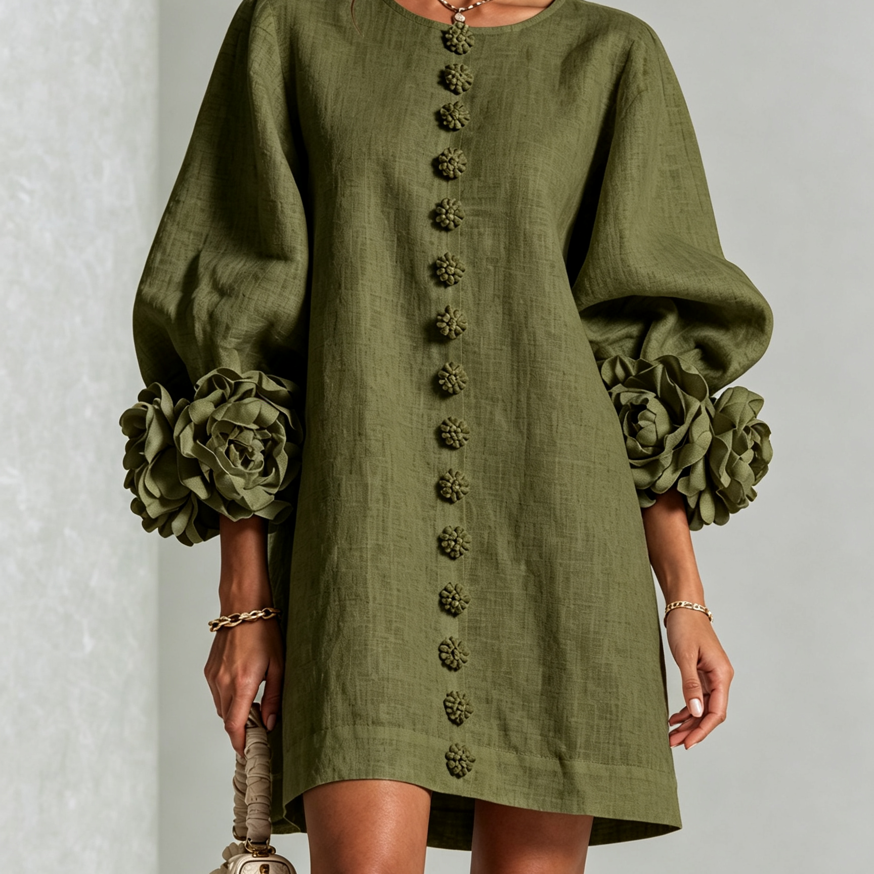 White Floral Button-down Mini Dress With Striking Floral Cuffs
