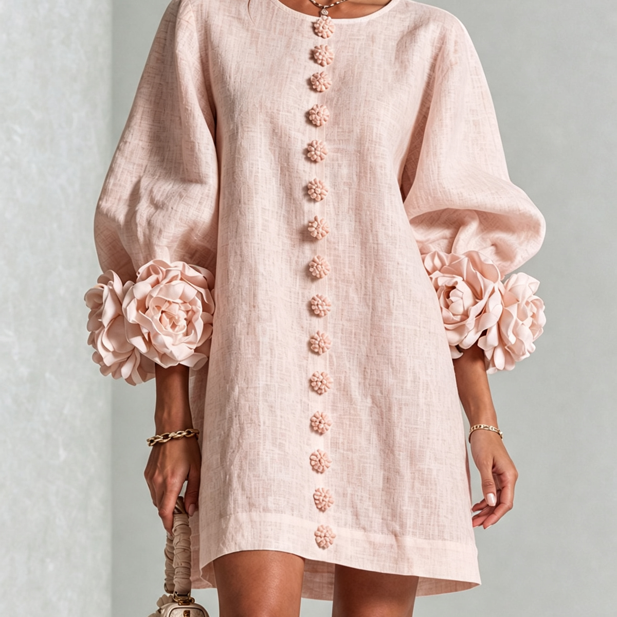 White Floral Button-down Mini Dress With Striking Floral Cuffs