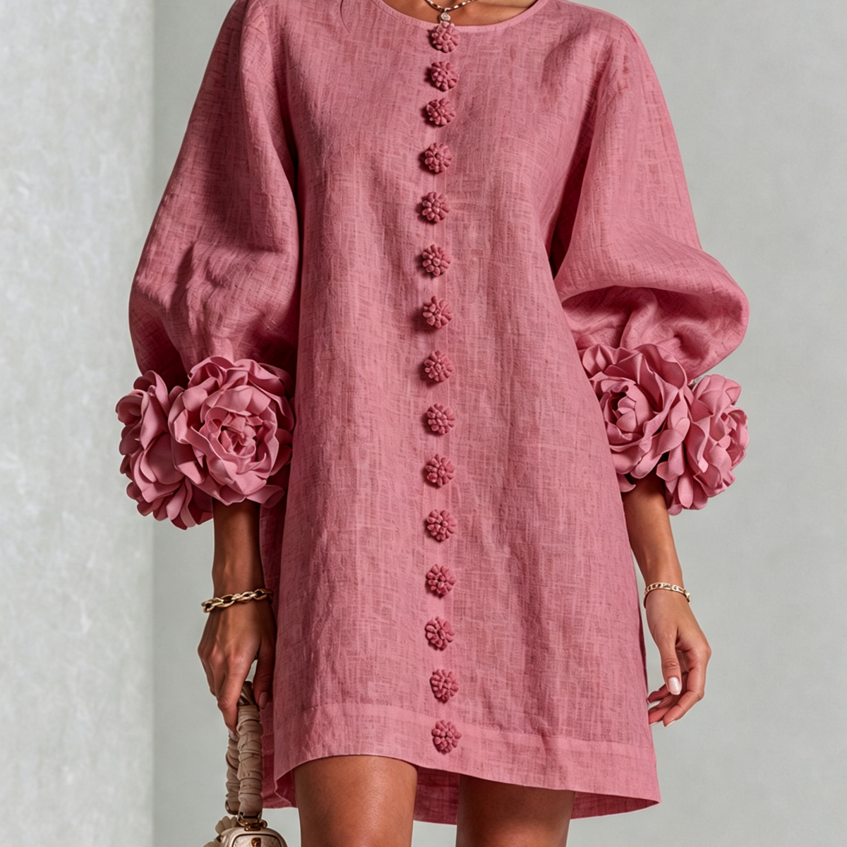 White Floral Button-down Mini Dress With Striking Floral Cuffs
