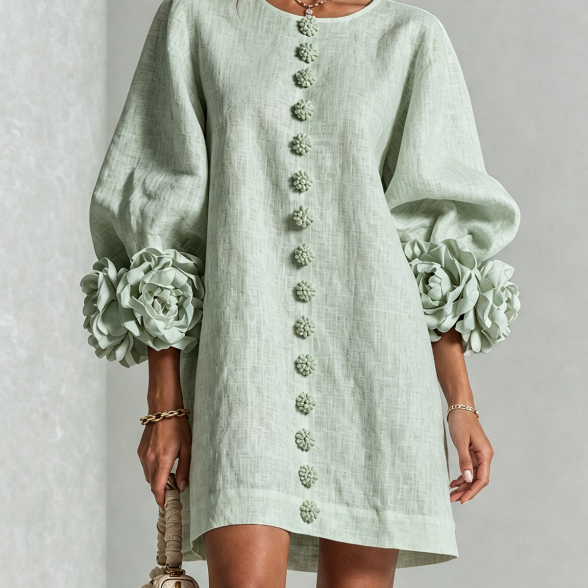 White Floral Button-down Mini Dress With Striking Floral Cuffs