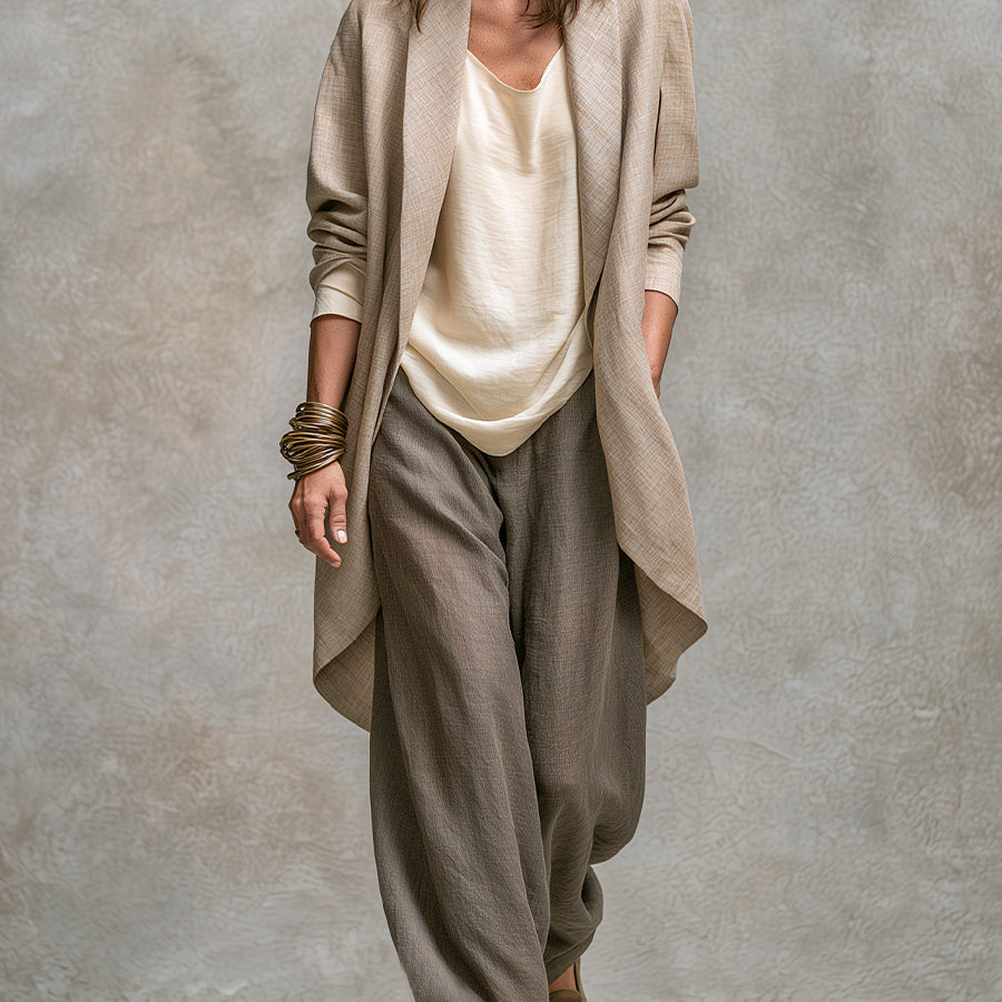 Beige Grey Casual Layered Three-piece Elegant Wide-leg Pants Suit