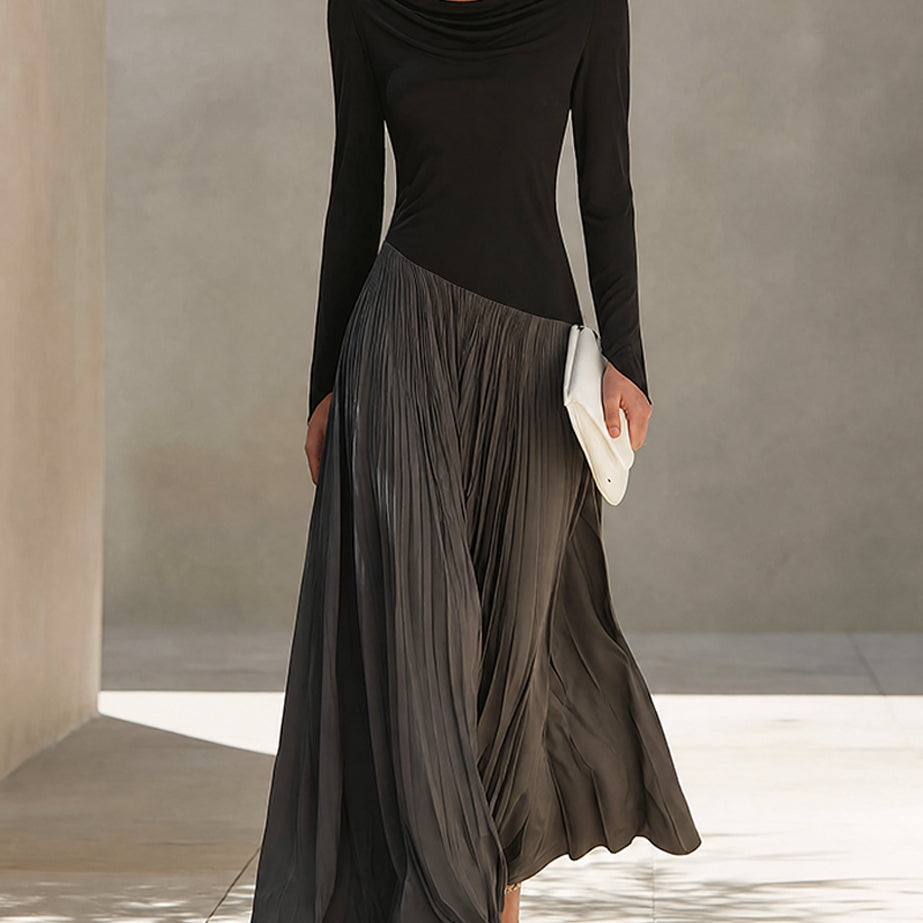 Black And Gray Two-tone Patchwork Draped Neckline Pleated Maxi Dress