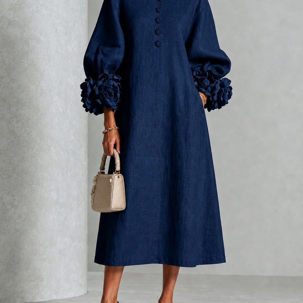 Navy Floral Button-down Midi Dress With Striking Floral Cuffs