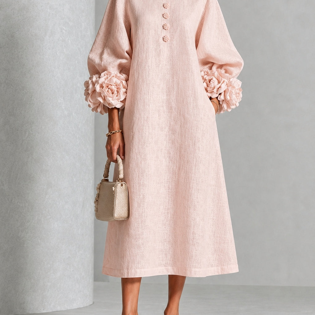 Pink Floral Button-down Midi Dress With Striking Floral Cuffs