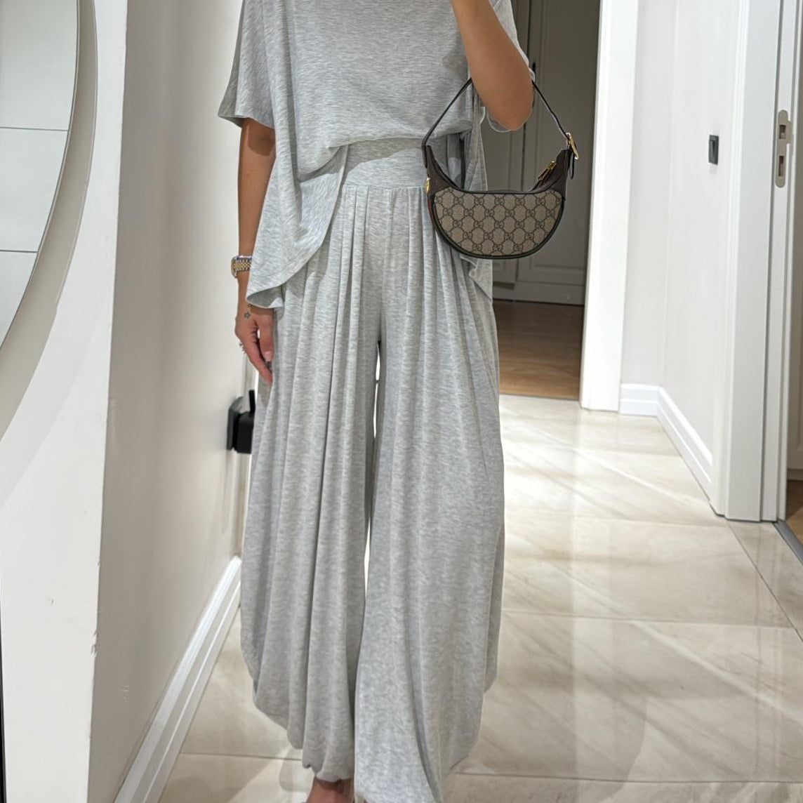 Light Grey Casual Top and Wide-leg Pants Set