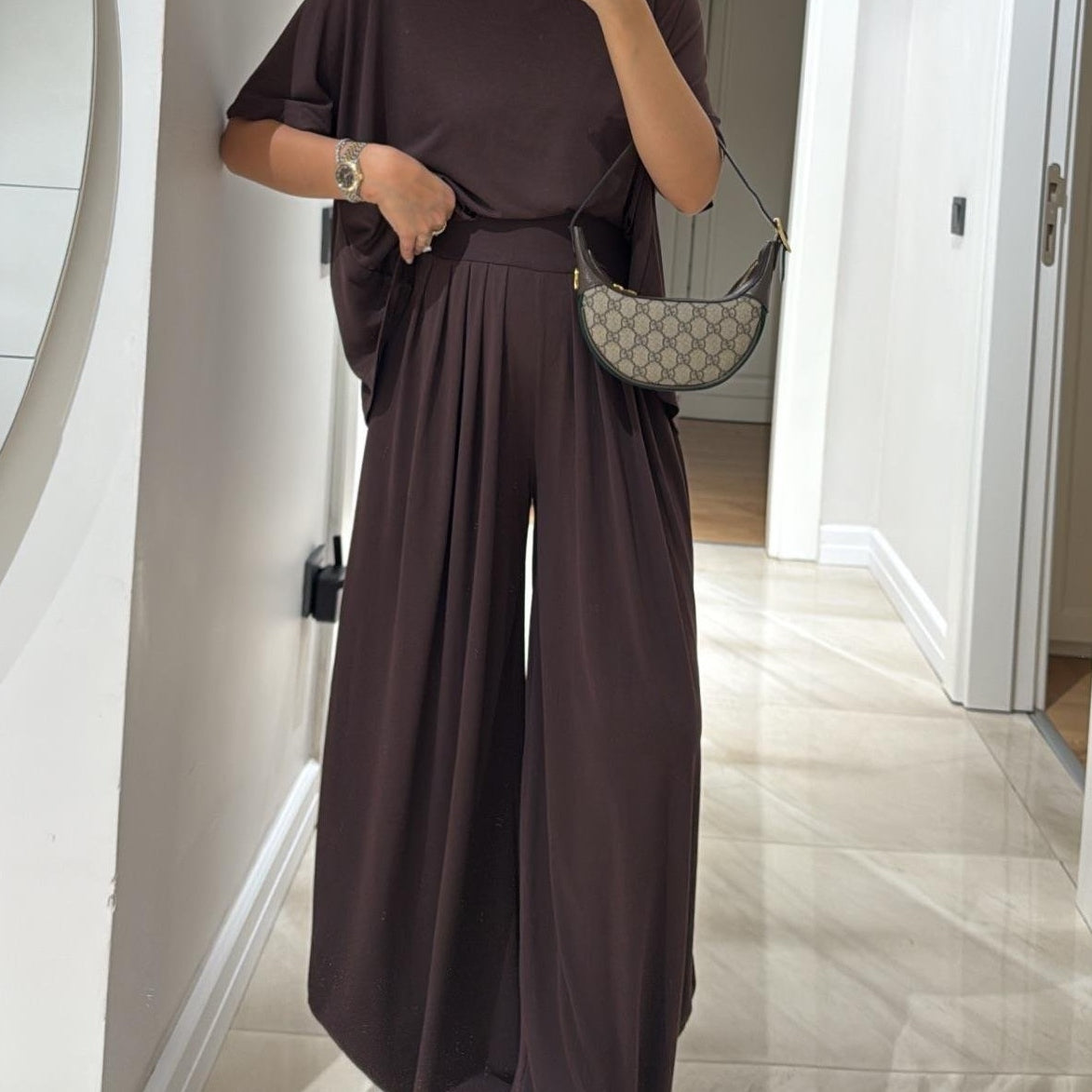 Light Grey Casual Top and Wide-leg Pants Set