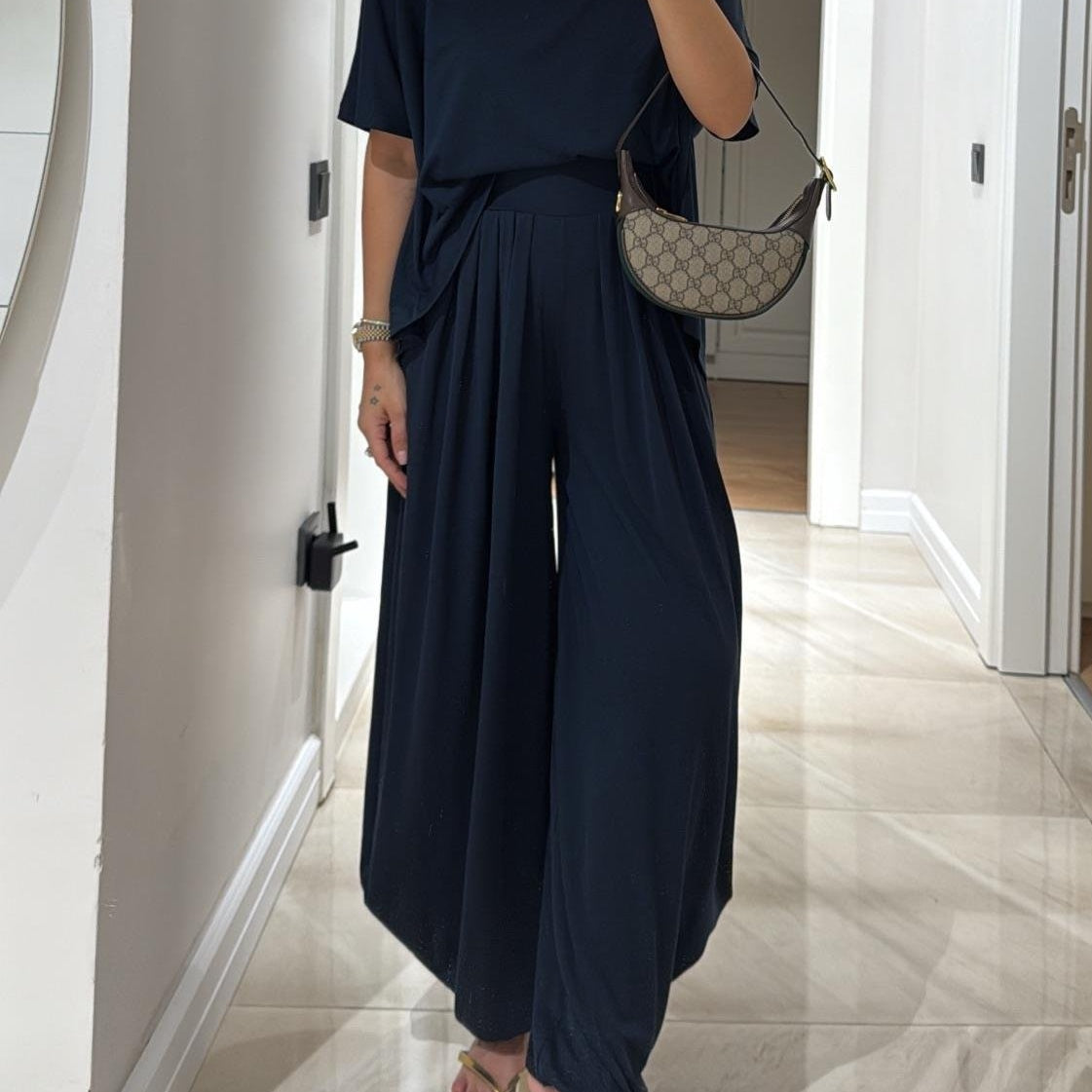 Light Grey Casual Top and Wide-leg Pants Set