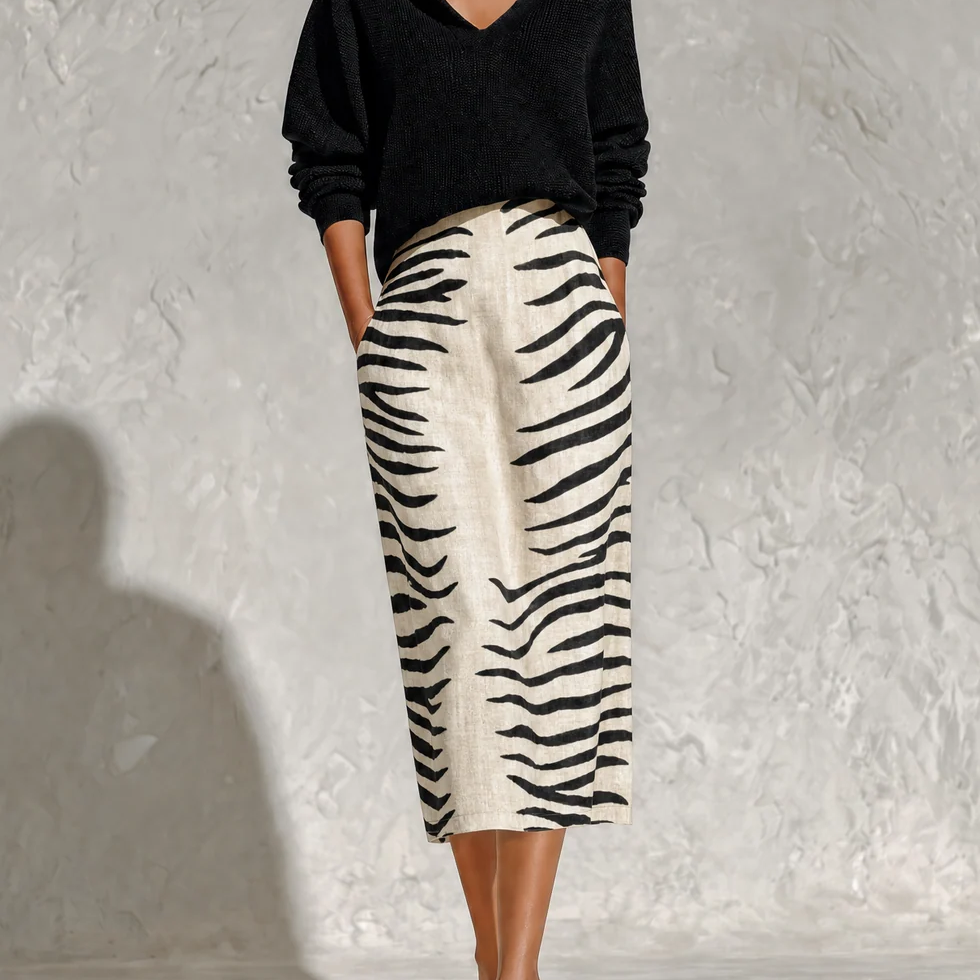 Black Collar Knit Top And Zebra Linen Midi Skirt Two‑Piece Set