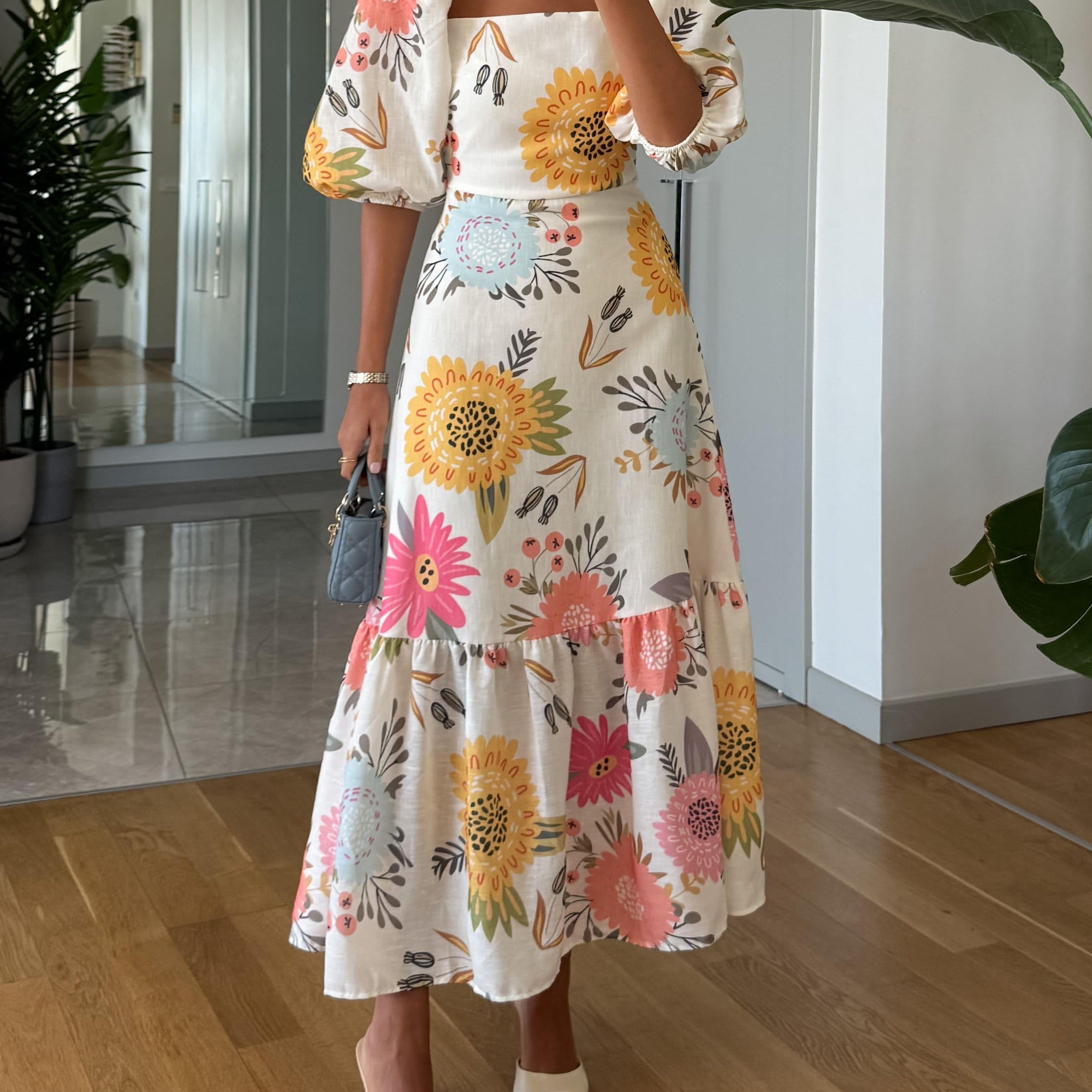 Square Neck Floral Print Puff Sleeve Midi Dress