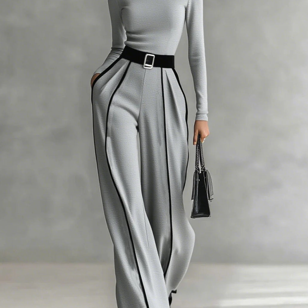 White Trim High-neck Long-sleeved Top With Wide-leg Pants and Belt Set