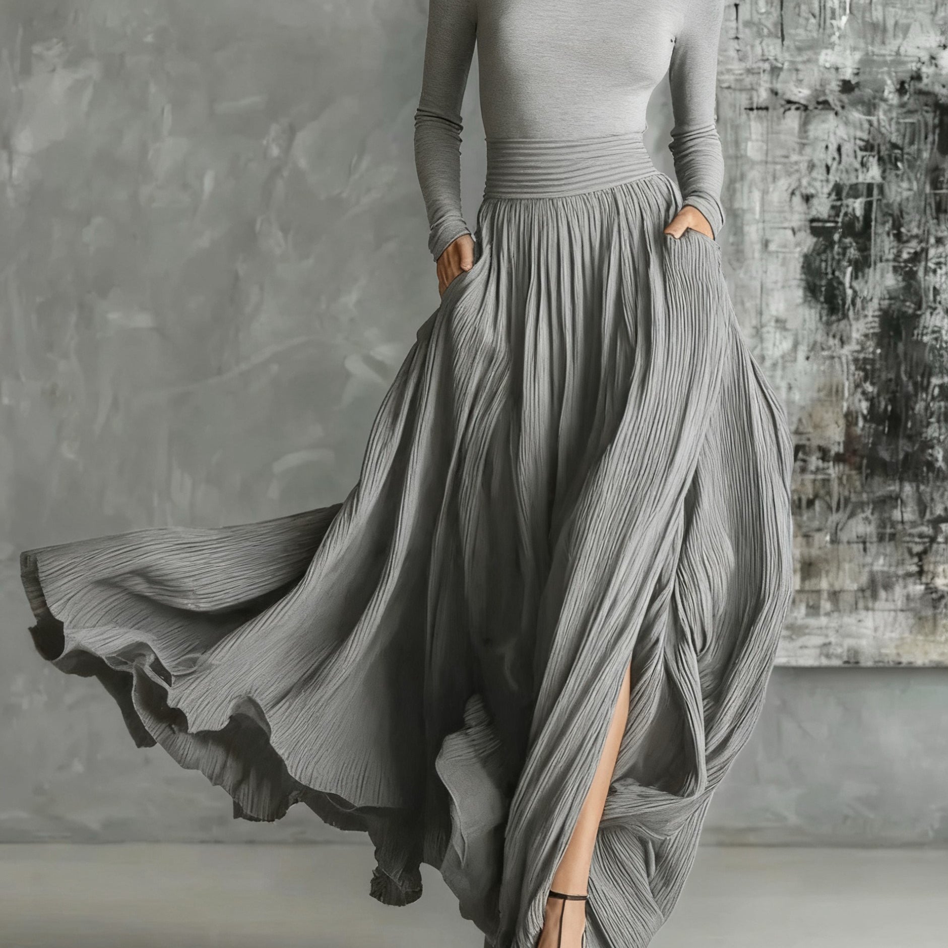 Fashion All Black Skinny Turtleneck T-shirt Pleated Skirt Set