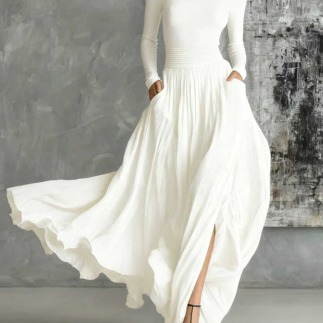 Fashion All Black Skinny Turtleneck T-shirt Pleated Skirt Set