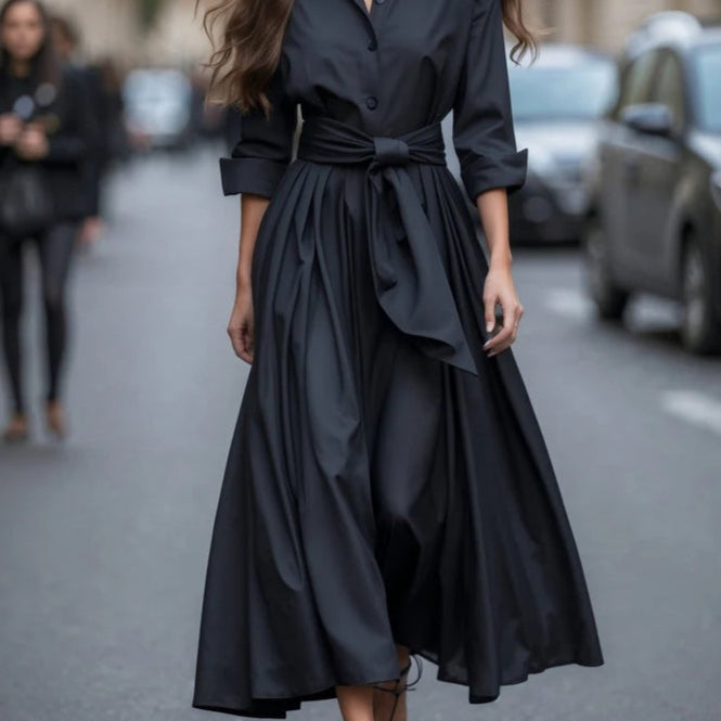 Elegant Long-sleeved Shirt-style Tie Maxi Dress