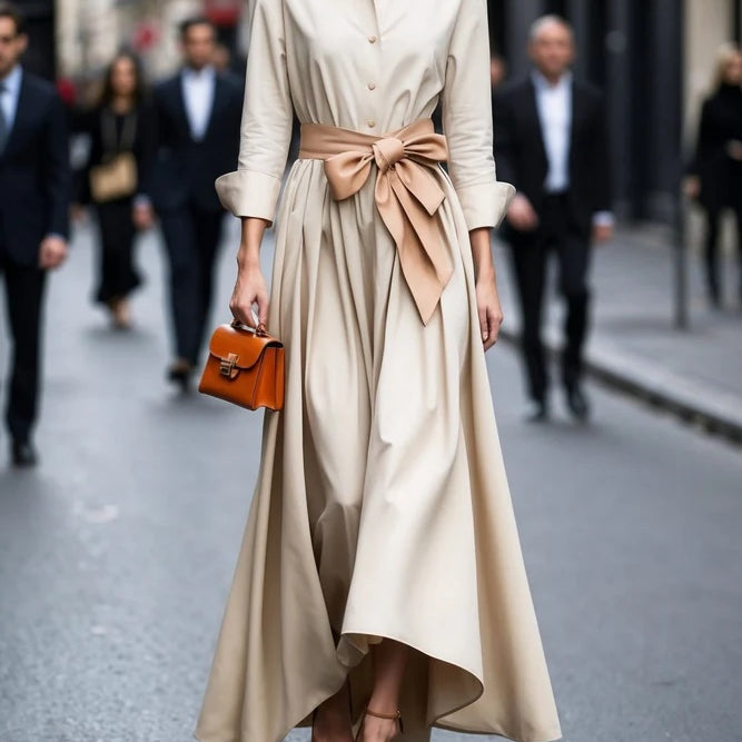 Elegant Long-sleeved Shirt-style Tie Maxi Dress