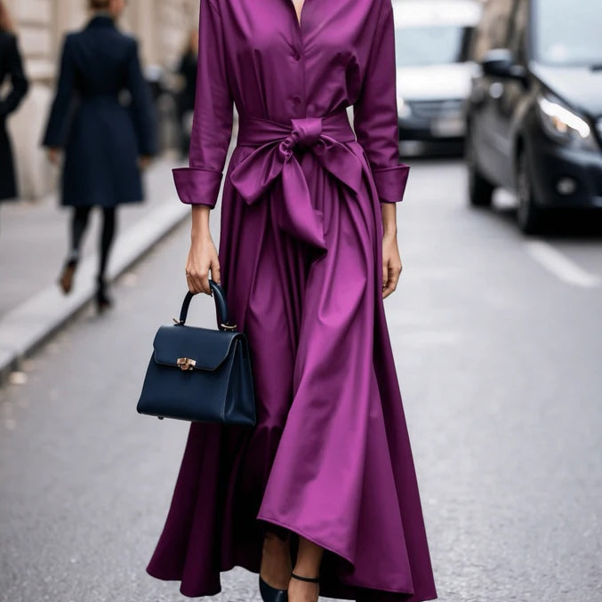 Elegant Long-sleeved Shirt-style Tie Maxi Dress