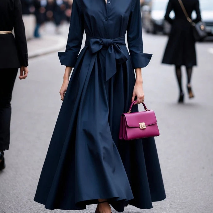 Elegant Long-sleeved Shirt-style Tie Maxi Dress