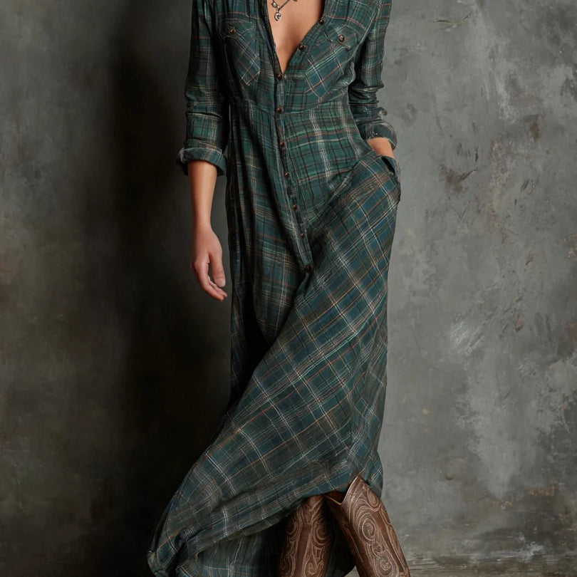 Green Plaid Lapel Single-Breasted Shirt Long Dress