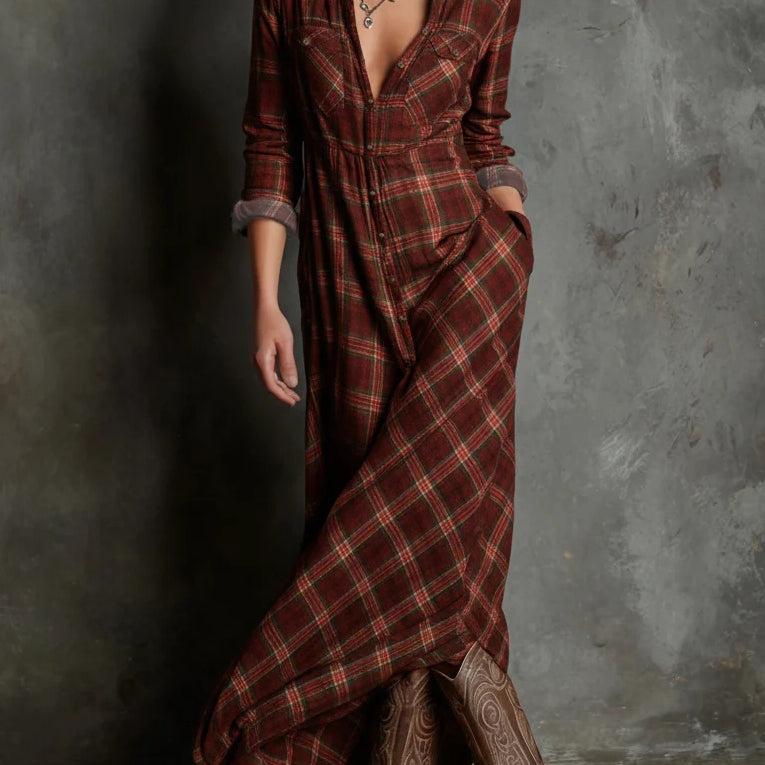 Green Plaid Lapel Single-Breasted Shirt Long Dress
