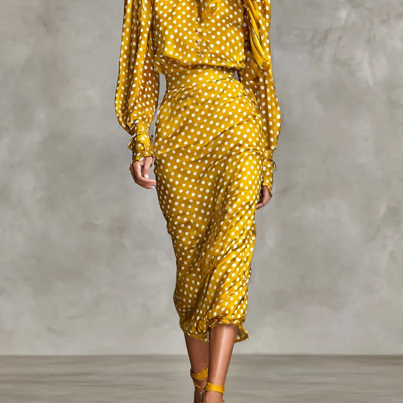 Vintage Satin Polka Dot Print Shirt And Skirt Two-Piece Set