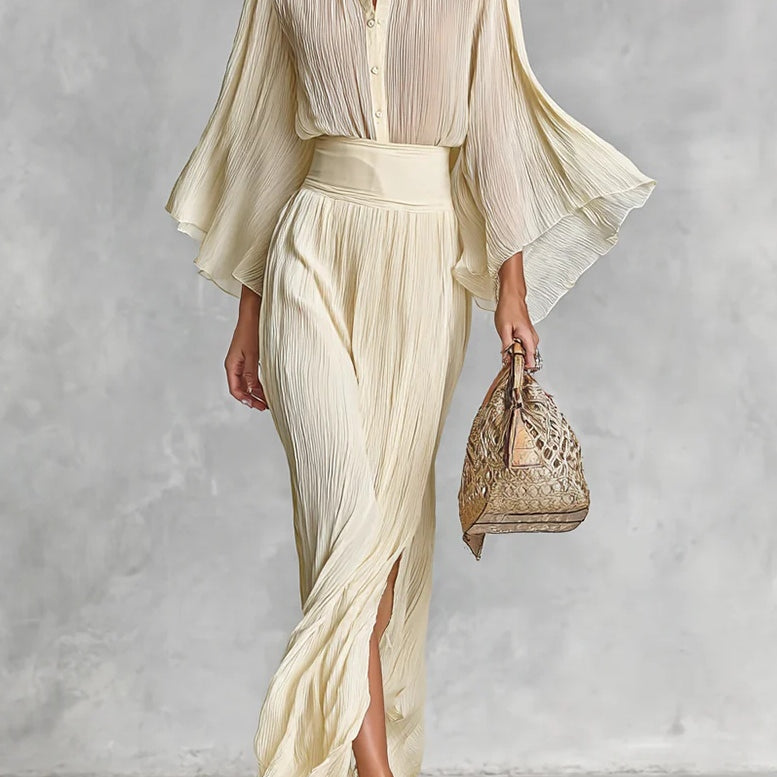 Pleated Stand Collar Trumpet Sleeve Shirt Slit Floor Length Skirt Two-piece Set