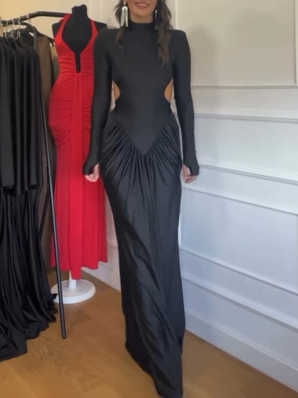 Black Open Back Long Sleeve Pleated Maxi Dress – LAVECHIC