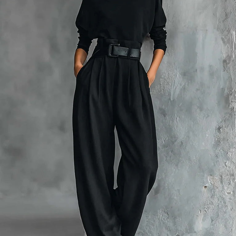 All-black Turtleneck Long-sleeved T-shirt And Straight-leg Pants Two-piece Set (including Belt)