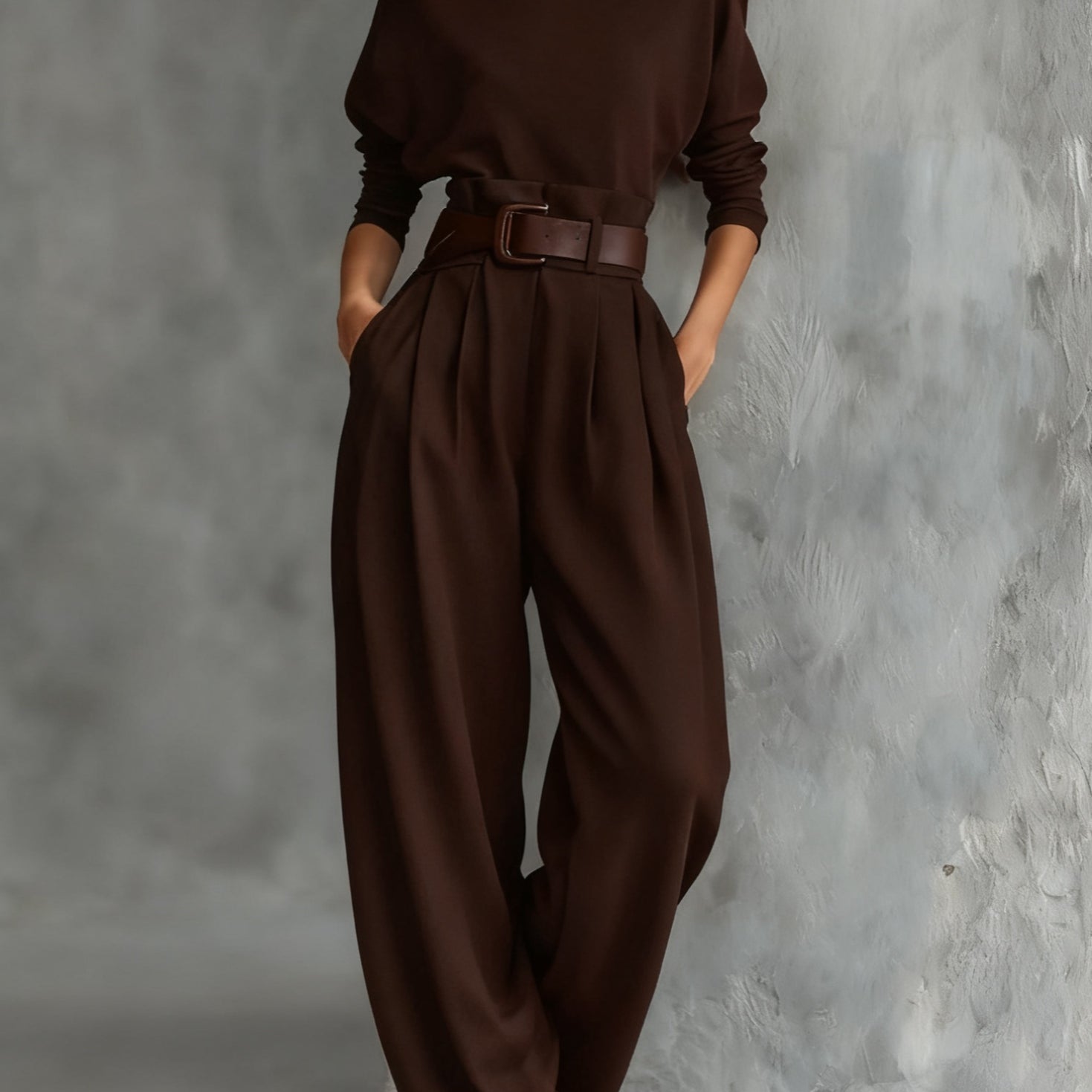 All-black Turtleneck Long-sleeved T-shirt And Straight-leg Pants Two-piece Set (including Belt)