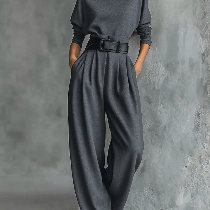 All-black Turtleneck Long-sleeved T-shirt And Straight-leg Pants Two-piece Set (including Belt)