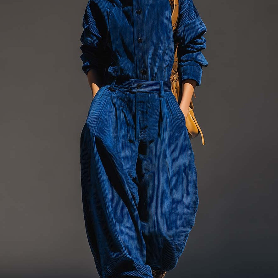 Blue Corduroy Hooded Top And Wide-leg Pants Set