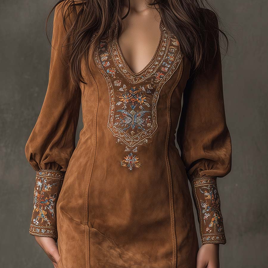 Vintage Brown V-Neck Suede Embroidered Mini Dress