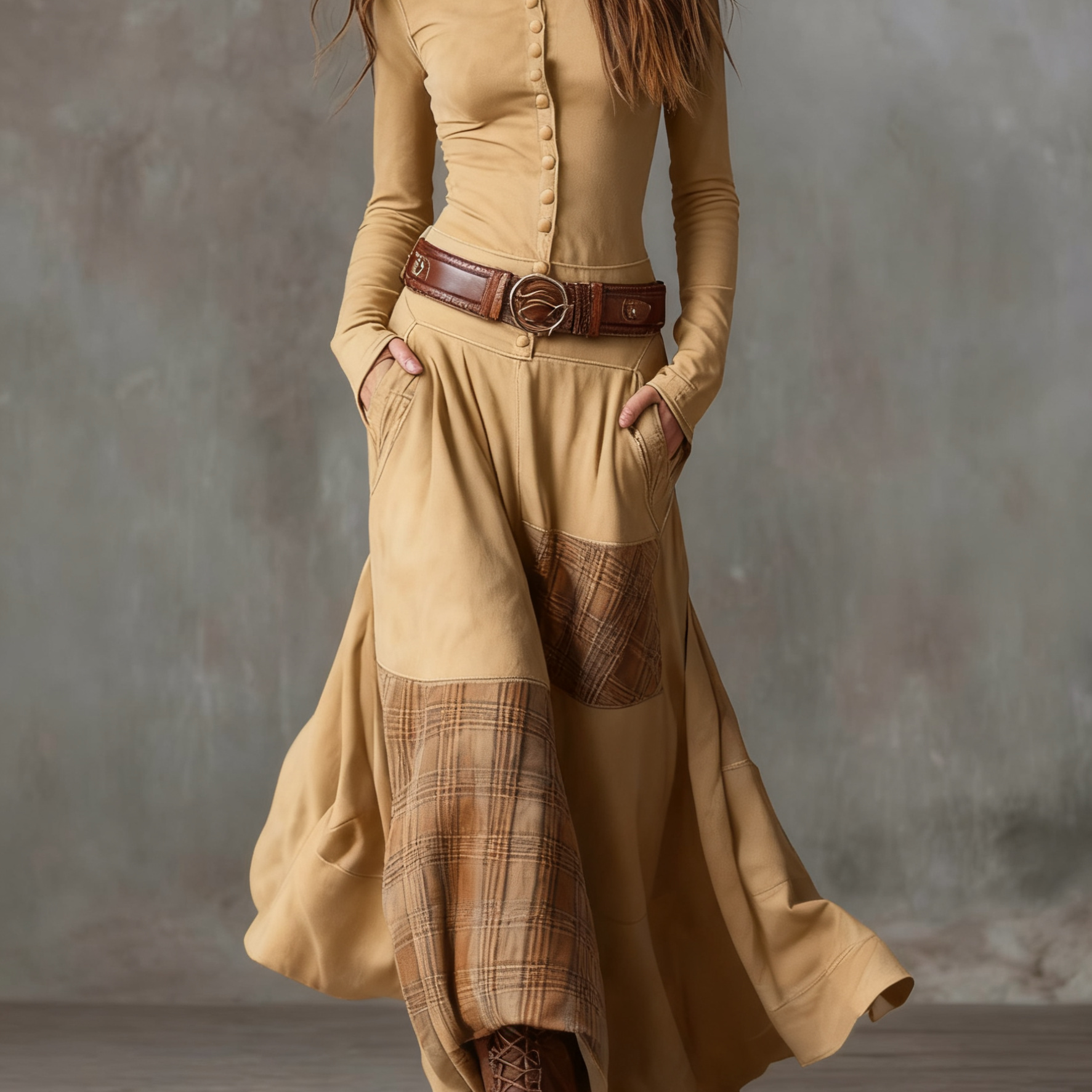 Navy Plaid Paneled Vintage Suede Maxi Dress(with belt)