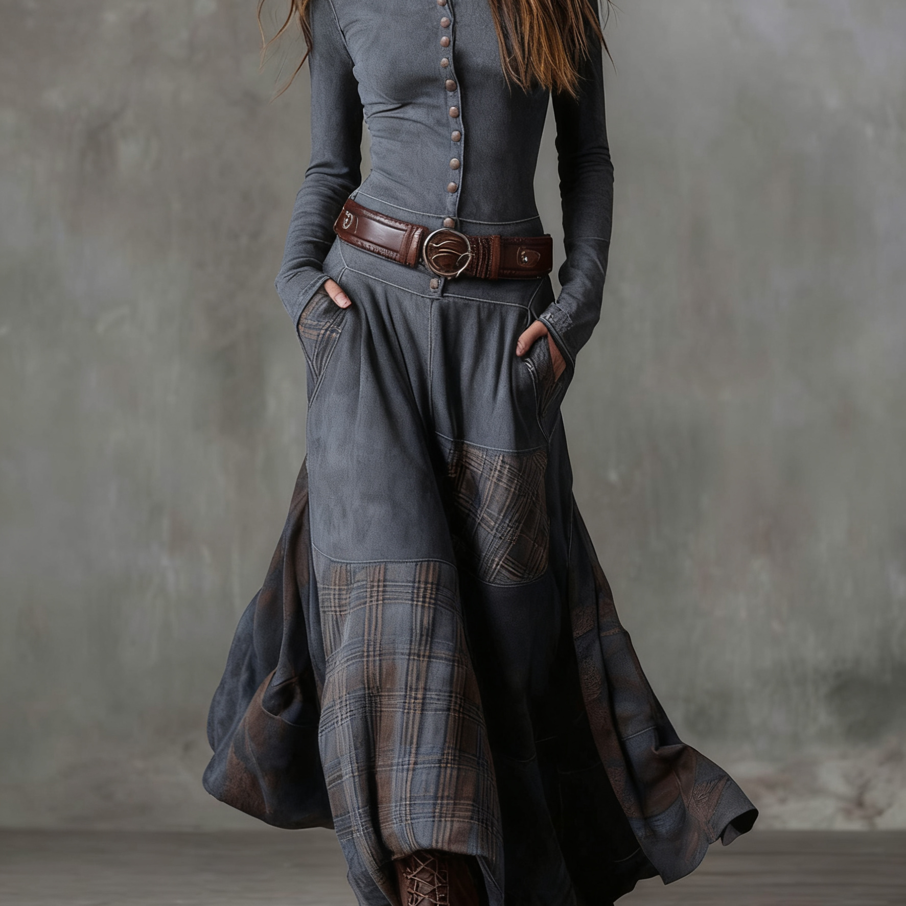 Navy Plaid Paneled Vintage Suede Maxi Dress(with belt)