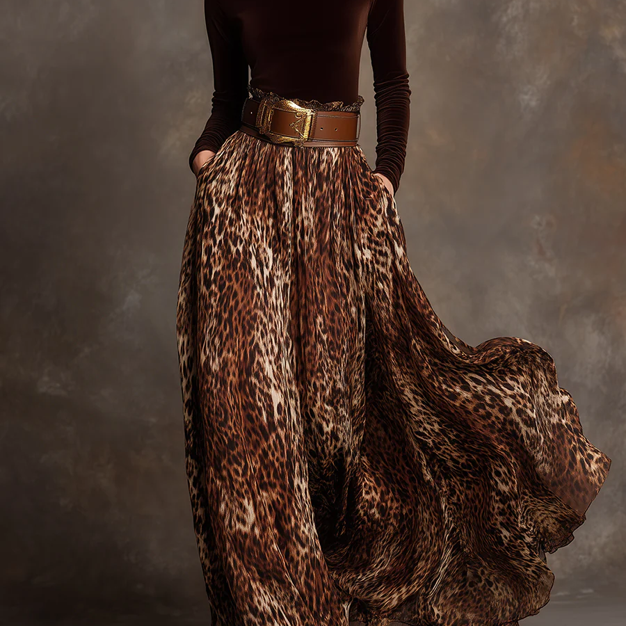 Elegant Velvet Turtleneck Top and Leopard Print Skirt Set