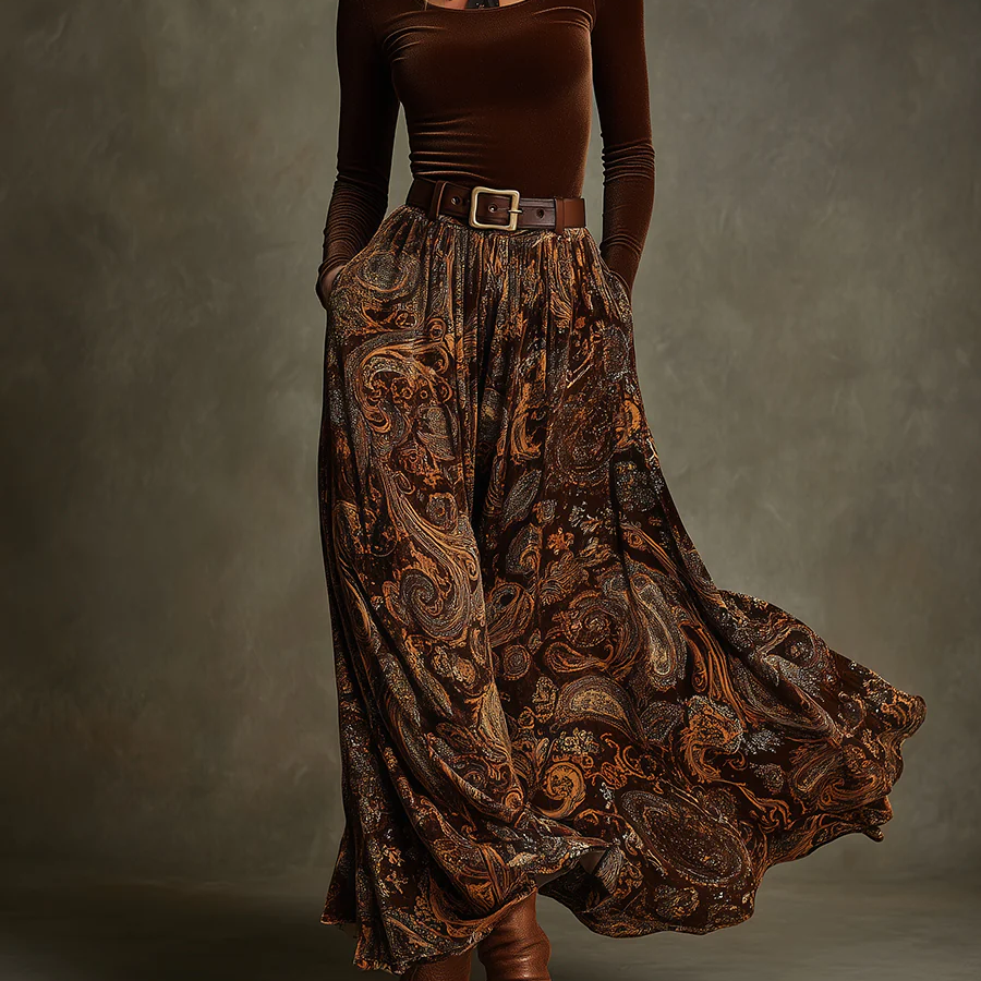 Vintage Stretch Velvet Top and Paisley Print Maxi Skirt Set(with belt)