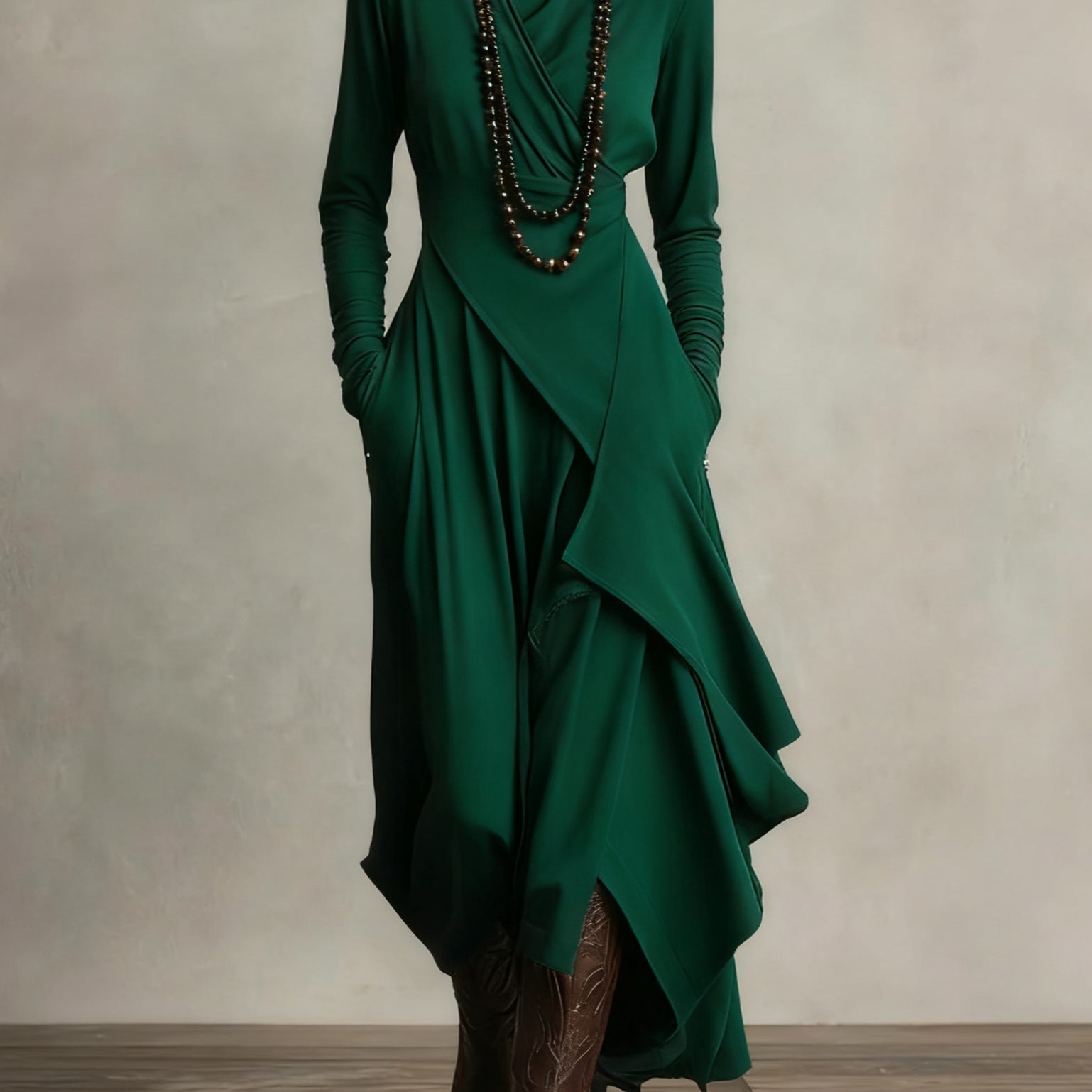 Purple High-neck Asymmetrical Pleated Maxi Dress(Necklace not included)