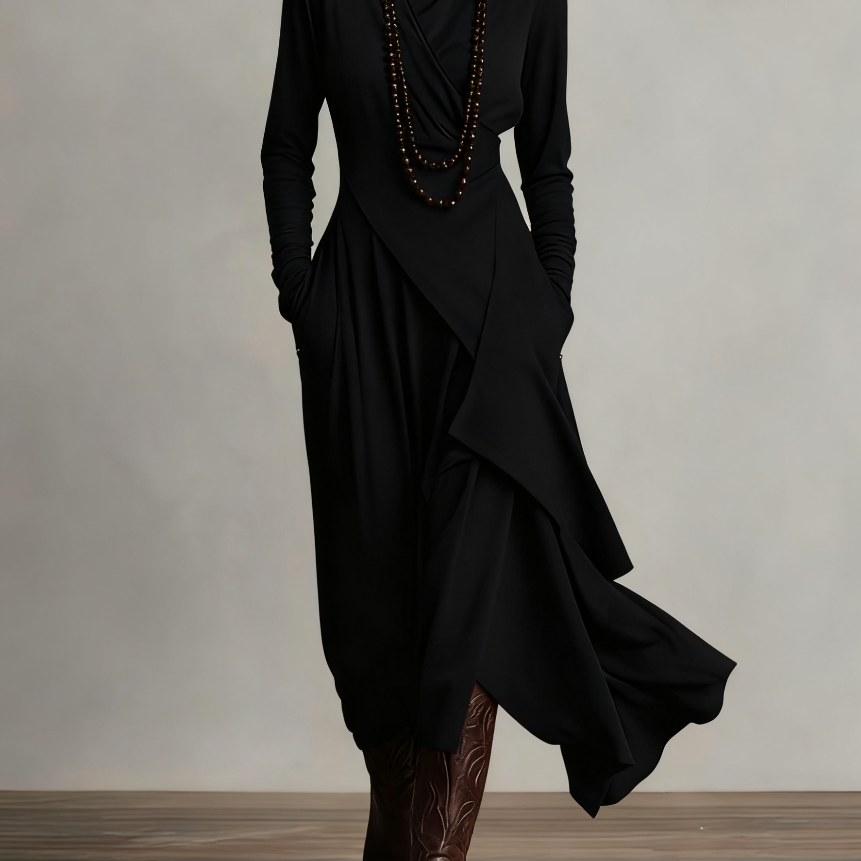 Purple High-neck Asymmetrical Pleated Maxi Dress(Necklace not included)