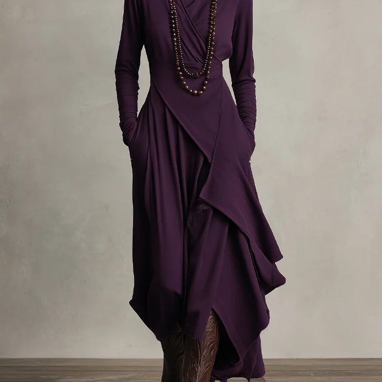 Purple High-neck Asymmetrical Pleated Maxi Dress(Necklace not included)
