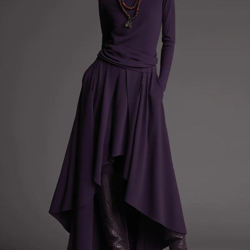 Purple Turtleneck Top and Asymmetrical Skirt Two-piece Set