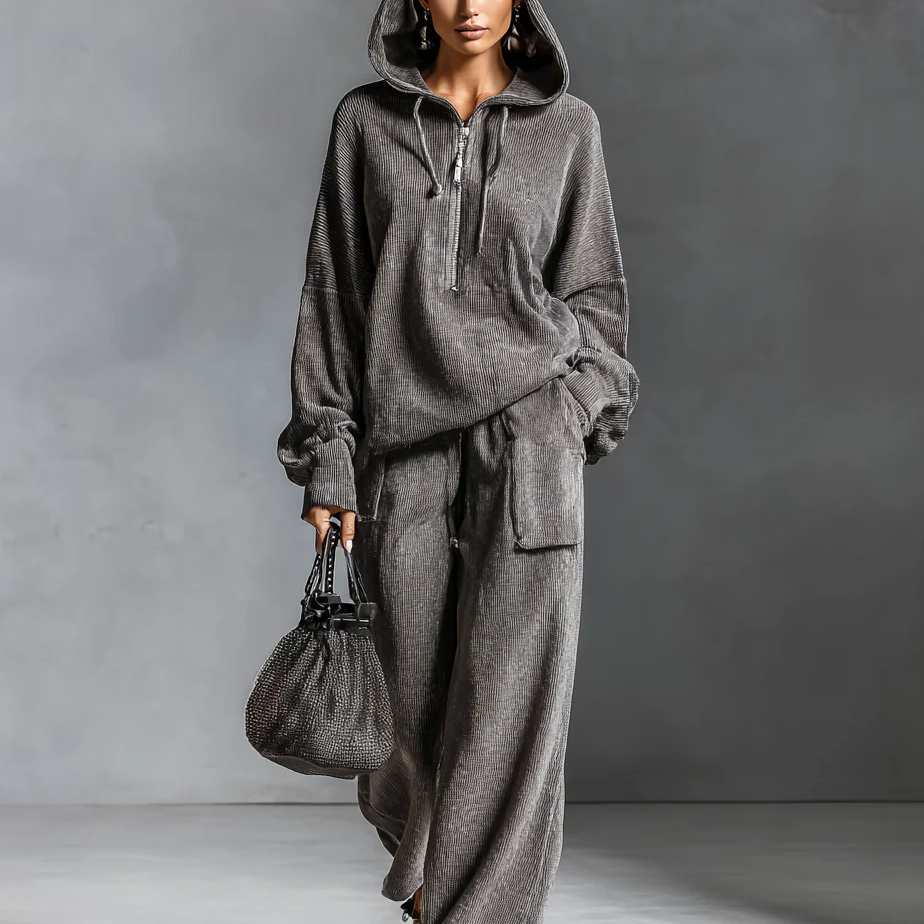 Dark Gray Casual Corduroy Hooded Sweatshirt and Straight-leg Pants Two-piece Set
