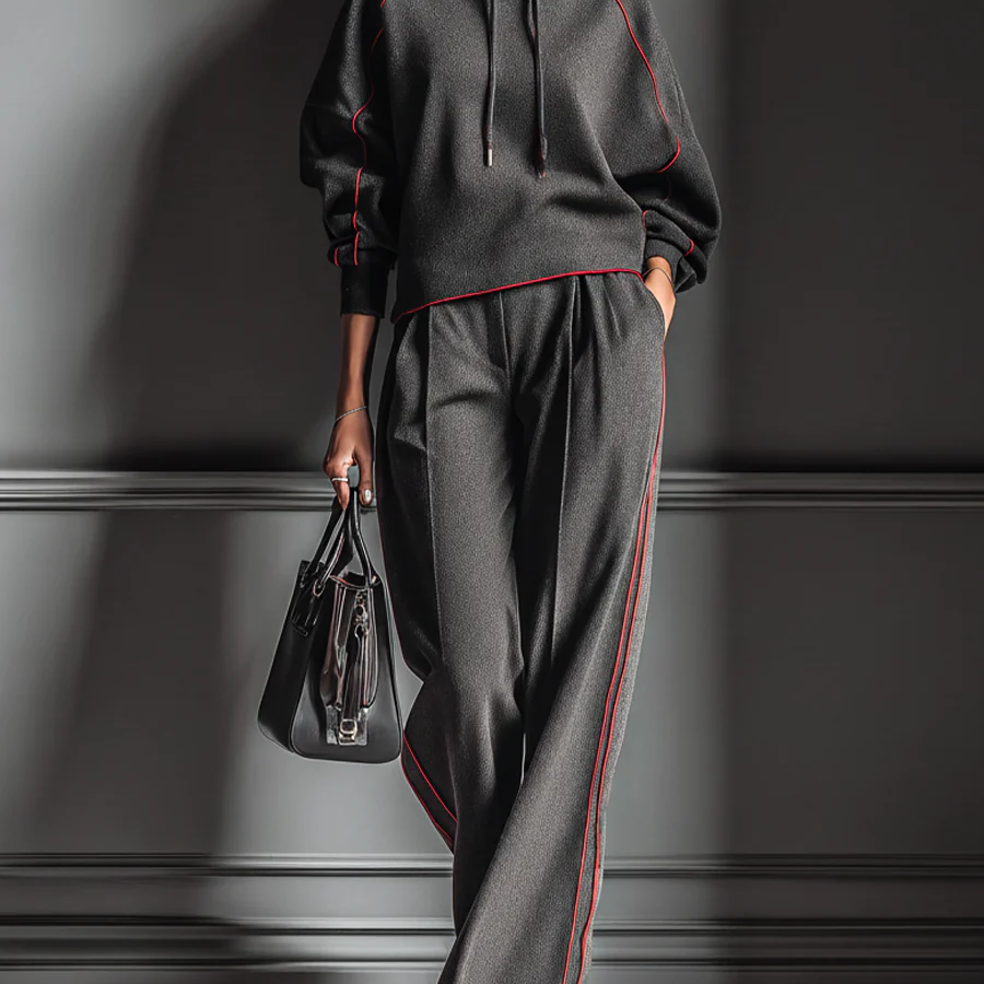 Dark Gray and Red Color-blocked Hooded Sweatshirt and Wide-leg Pants Two-piece Set