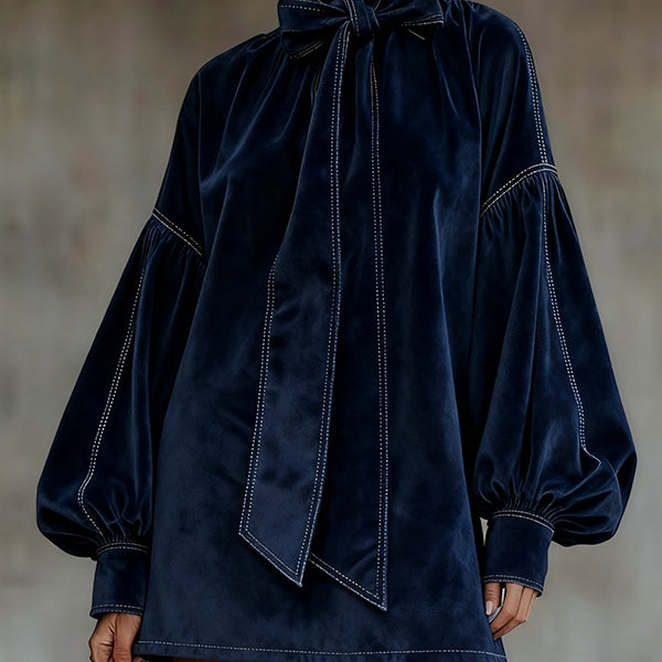 Dark Blue Velvet Bow Lantern Sleeve Mini Dress