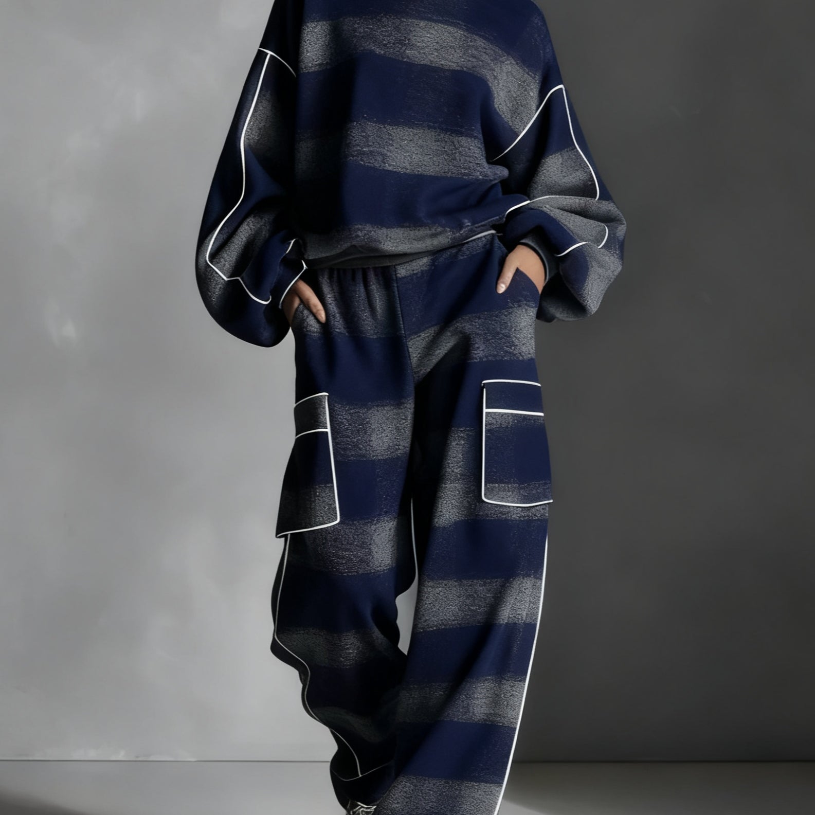 Blue and Gray Plaid Color-blocked Sweatshirt and Casual Pants Two-piece set