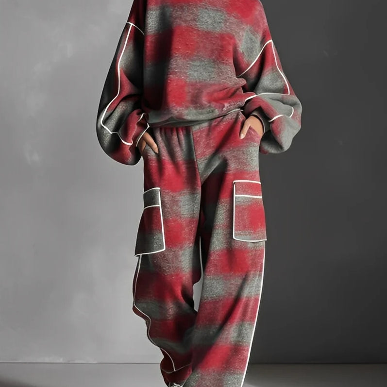 Red and Gray Plaid Color-blocked Sweatshirt and Casual Pants Two-piece set