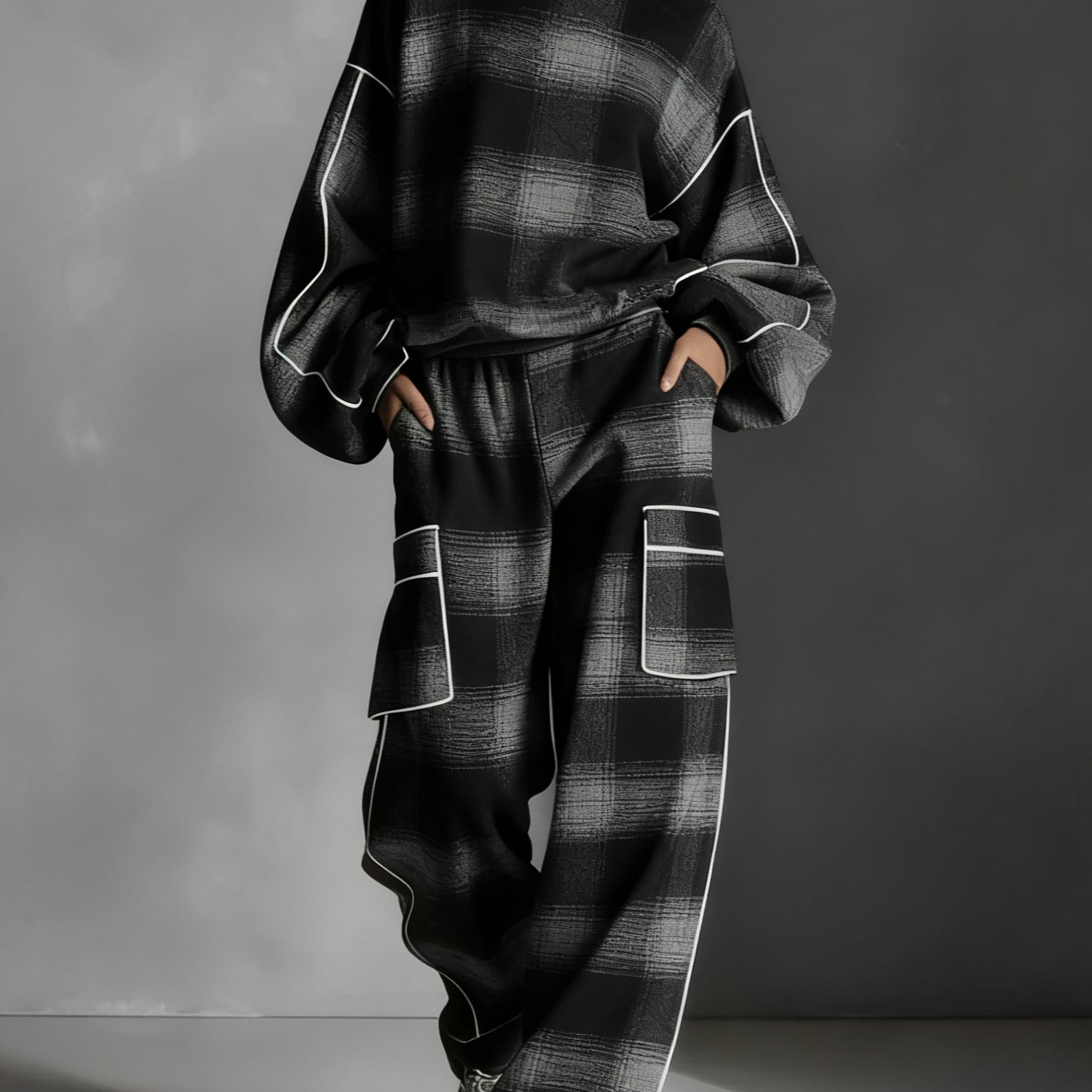 Black and Gray Plaid Color-blocked Sweatshirt and Casual Pants Two-piece set